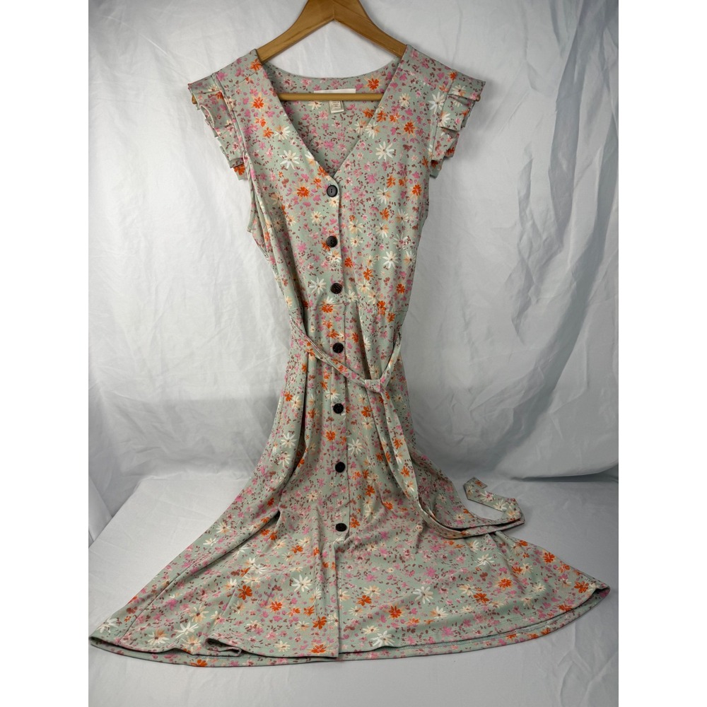 Monteau Los Angeles Floral Midi Dress Sage Green Ruffle Sleeve Button Front M